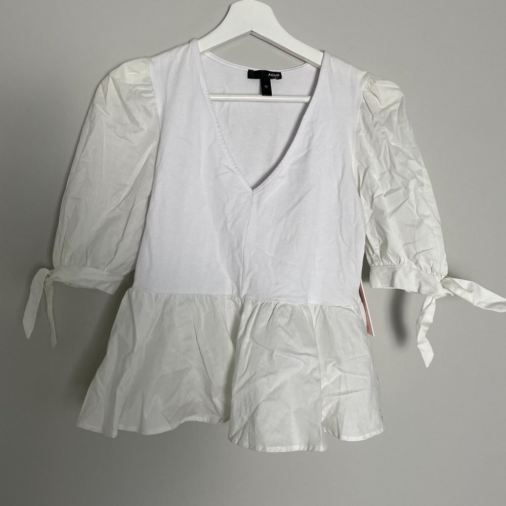 COPY - NEW Bloomingdales Aqua S White Top Puffy tie sleeves